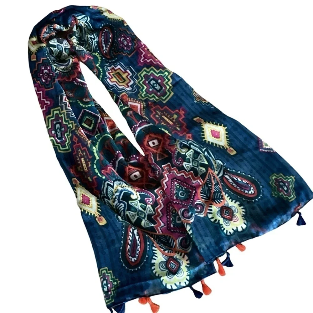 Paisley Print Scarf Aztec Accents Fringe Navy Multicolored Long 36” x 70” New!